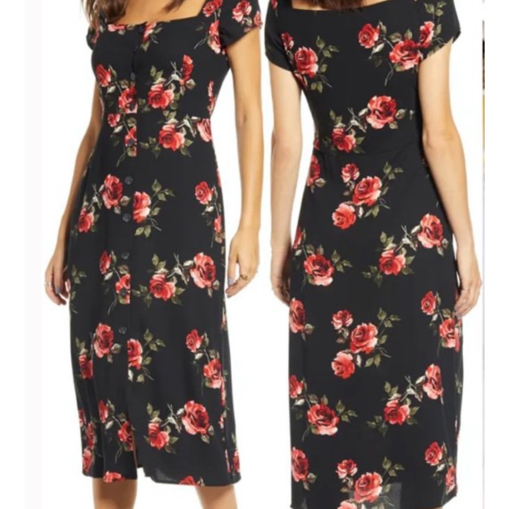 BP X Claudia Sulewski Dress S Black Red Roses Square Neck Feminine Romantic
